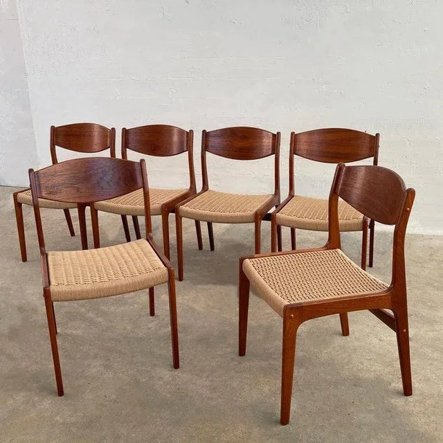 Mid-Century Modern 1960s Scandinavian Modern Teak and Rope Weave Dining Chairs - Set of 6 For Sale - Image 3 of 10