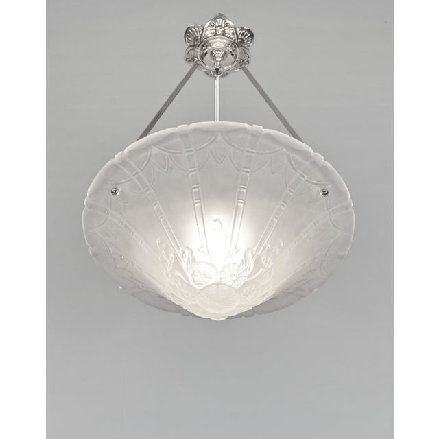Daum Lorrain A beautiful French 1926-1934 art deco chandelier in nickel plated solid brass or bronze holding a large bowl...