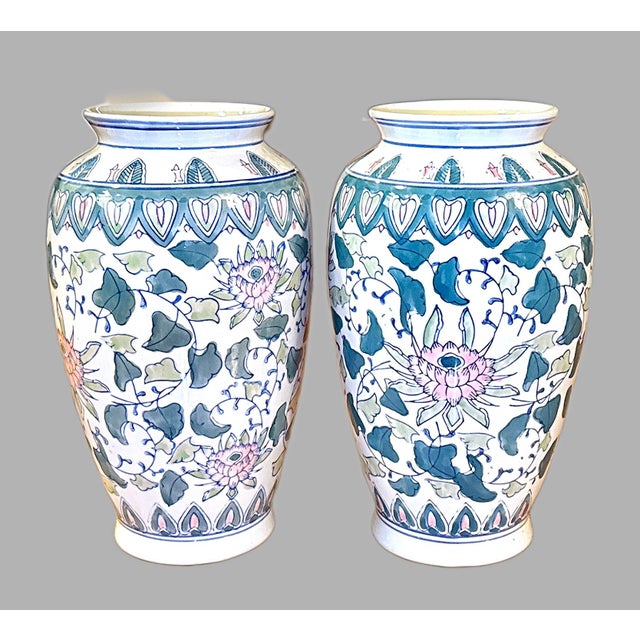 Ceramic Hand-Painted Chinese Chinoiserie Floral Vases - A Pair For Sale - Image 7 of 11