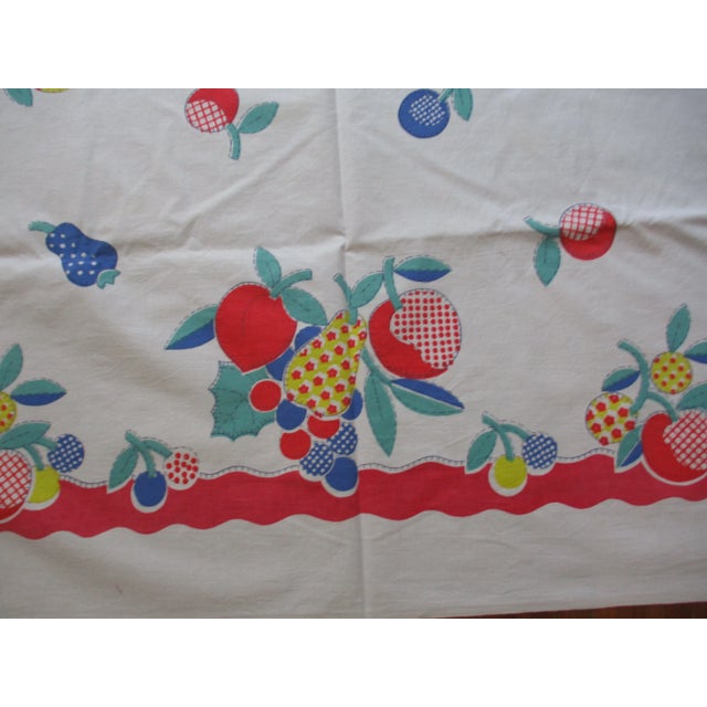 Vintage 1950's Fruit in a Basket Design Red, Blue & Yellow Cotton Tablecloth For Sale - Image 4 of 5