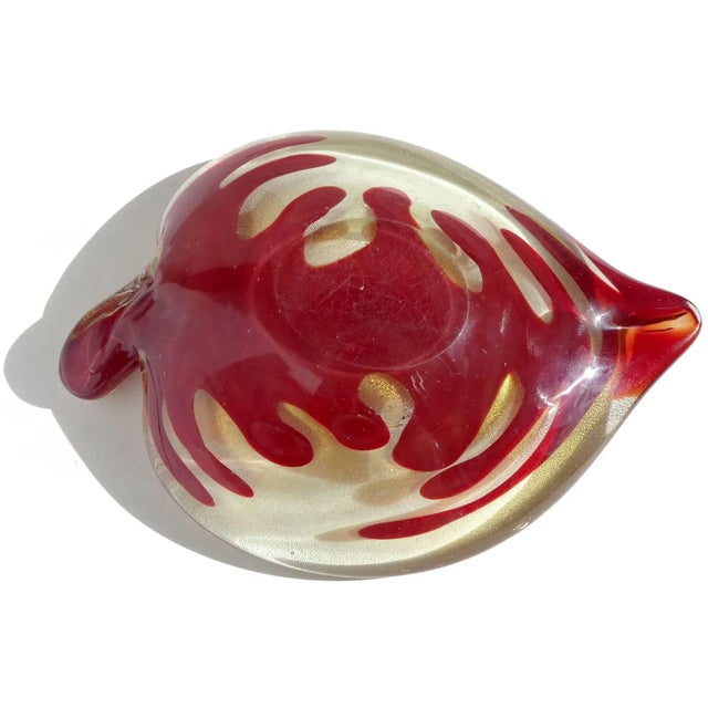 Mid 20th Century Vintage Murano Heavy Gold Flecks Ruby Red Heart Veins Italian Art Glass Decorative Leaf Shaped Bowl For Sale - Image 5 of 5