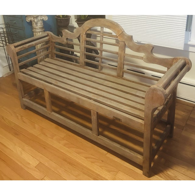 Vintage Distressed Conventry Teak Garden Bench For Sale - Image 4 of 11