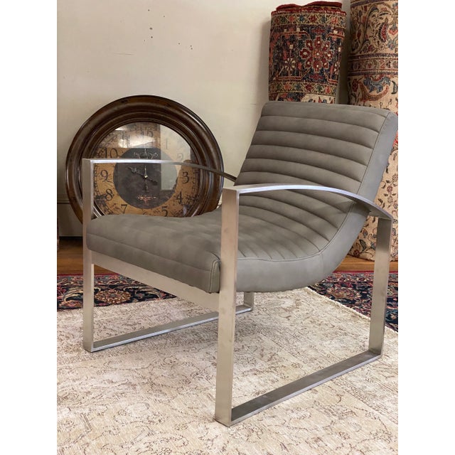Gray Modern Leather Lounge Chair W/Channel Stitching For Sale - Image 8 of 13