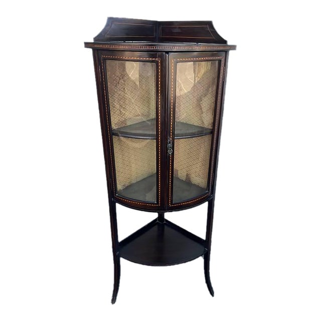 Antique Early 20th Century Edwardian Style Mahogany Inlaid Bow Front Corner Display Cabinet For Sale