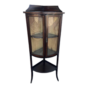 Antique Early 20th Century Edwardian Style Mahogany Inlaid Bow Front Corner Display Cabinet