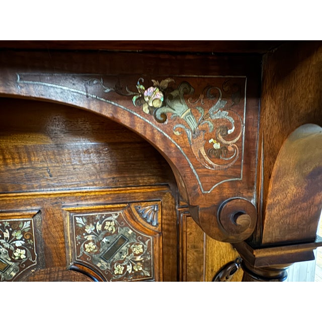 Fine German Renaissance Revival Walnut Console Table With Inlaid Marquetry and Provenance-Inscribed Rouge Marble TopCirca 1875–1890 For Sale - Image 11 of 18