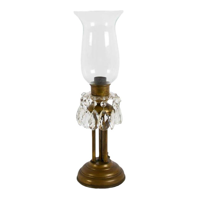 Vintage Brass and Crystal Hurricane Table Lamp With Glass Chimney and Prisms For Sale