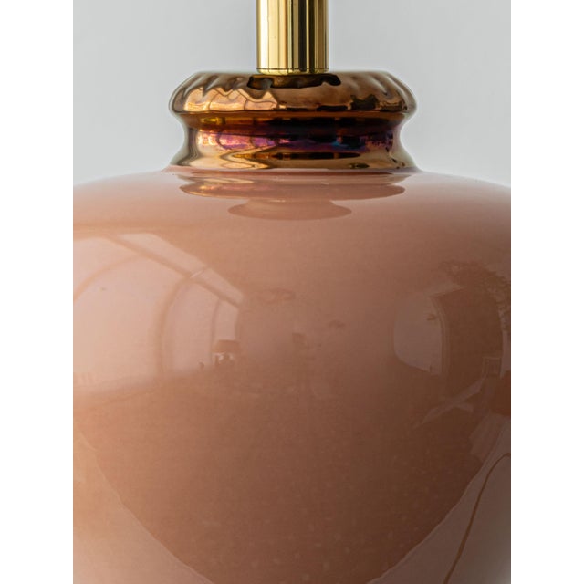 French Salmon Pink and Copper Ceramic Urn Table Lamps with Parchment Shades by Louis Drimmer, 1980s, Set of 2 For Sale - Image 9 of 15