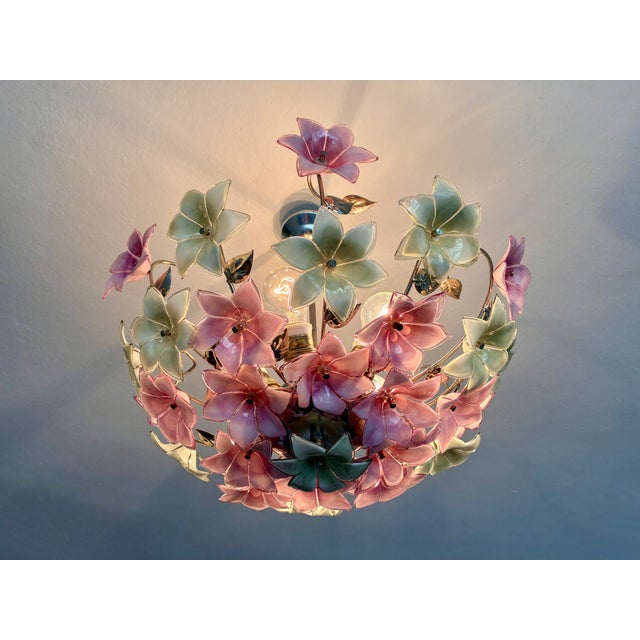 Vintage Italian Murano Style Botanical Flower Ceiling Light, Vintage Handblown Pink Green Glass Bouquet Chandelier, 5-Light Flush Mount For Sale - Image 15 of 17