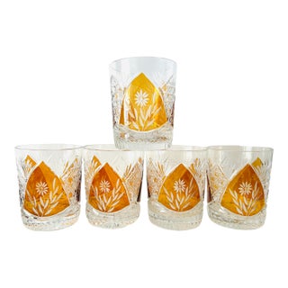 Vintage Bohemian Crystal Cut With Amber Floral Design Tumblers S/5 For Sale