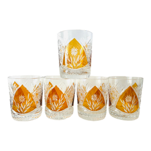 Vintage Bohemian Crystal Cut With Amber Floral Design Tumblers S/5