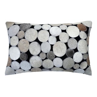 Luxury Genuine Cowhide Leather Circle Patchwork Throw Pillow 16x24 | Handmade Designer Lumbar Cushion For Sale