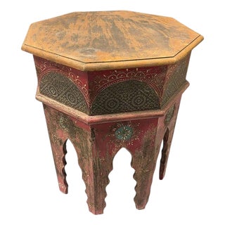 1970s Hand Painted Moroccan Hexagon Wooden Boho Side Table w/ Brass Inlays For Sale