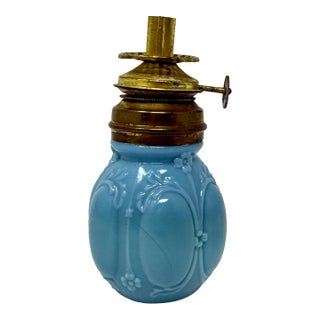 Antique Eapg Light Blue Milk Glass Miniature Oil Lamp Brass Burner For Sale
