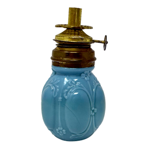Antique Eapg Light Blue Milk Glass Miniature Oil Lamp Brass Burner