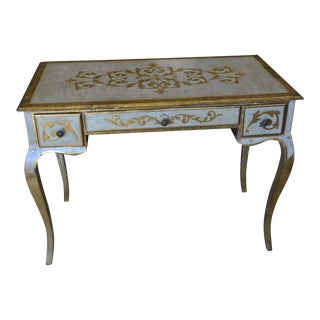 1940s Italian Florentia Gilt & Cream Wood Writing Desk with 3 Drawers For Sale