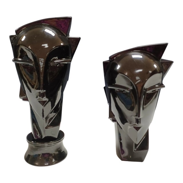 1980s Set of Art Deco Ceramic Glazed Head Sculptures For Sale