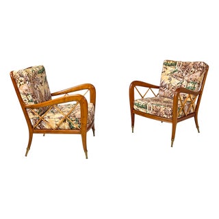 Set of Mid-Century Modern Italian Wooden Armchairs with Brown Decorated Fabric, 1960s For Sale