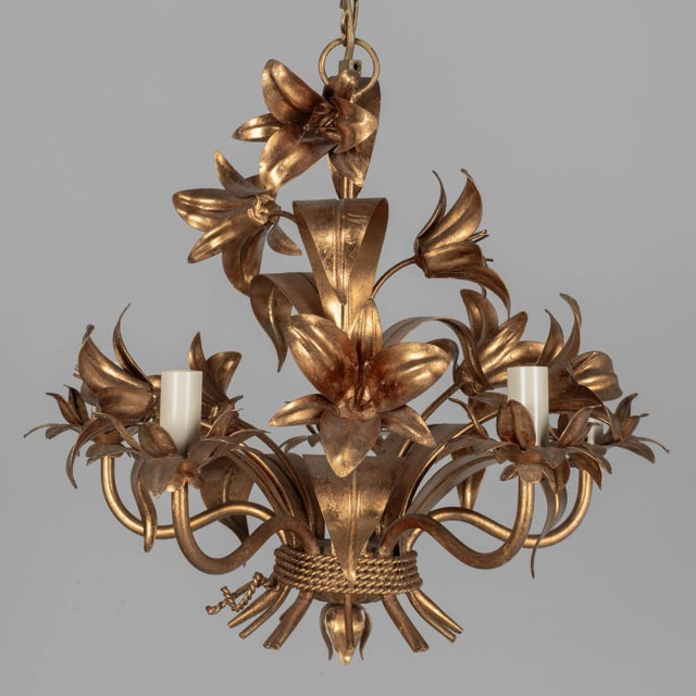 Mid-Century Modern Italian Gilt Tôle Chandelier For Sale - Image 3 of 11