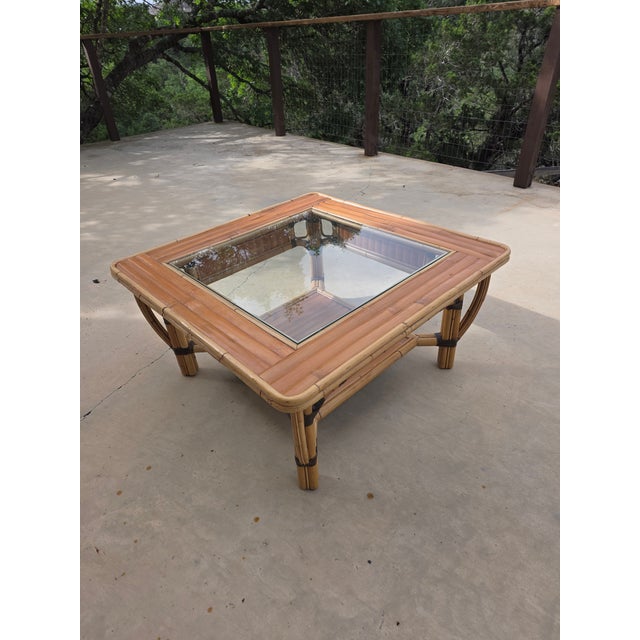 Wood Vintage Bamboo and Glass Square Coffee Table For Sale - Image 7 of 9