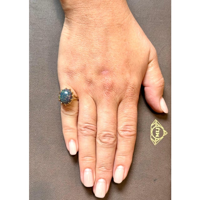 5 Ct Oval Shape Black Australian Opal Cocktail Ring 14 Kt Yellow Gold , Unisex For Sale - Image 14 of 18