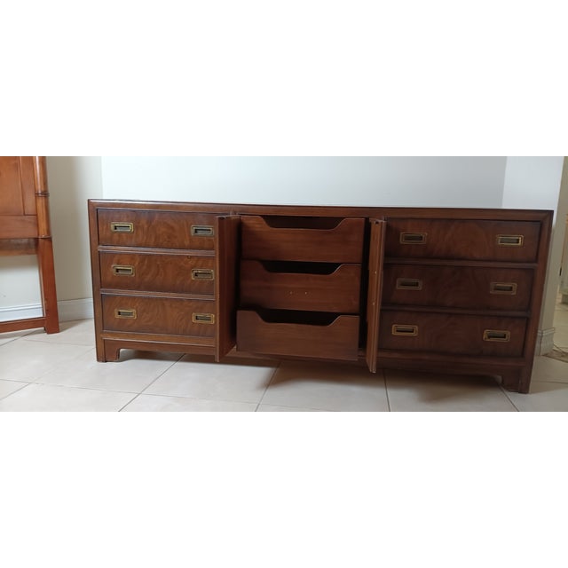 Wood 1960s Mid-Century Modern Walnut Drexel Heritage Dynasty Campaign Dresser or Credenza With Brass Hardware For Sale - Image 7 of 10