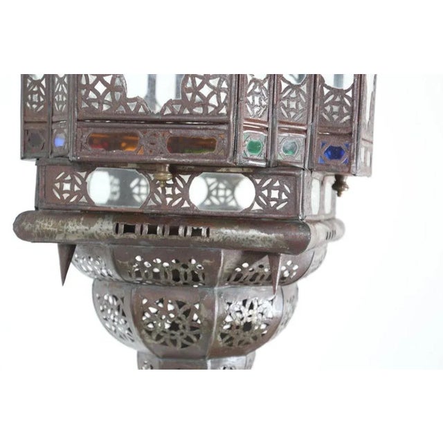 Bronze Vintage Moroccan Handcrafted Lantern Ceiling Light With Multi-Color Glass For Sale - Image 8 of 12