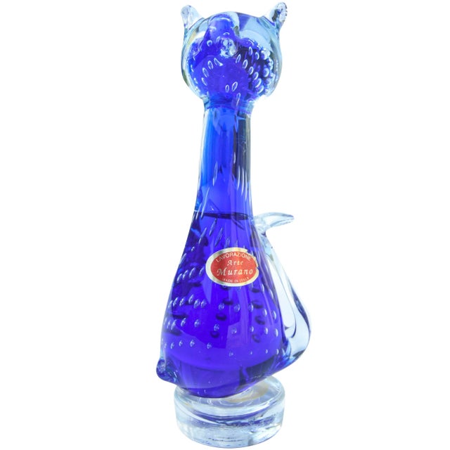 Contemporary Vintage Murano Lavorazione Italian Art Glass Blue Cat Figurine For Sale - Image 3 of 11