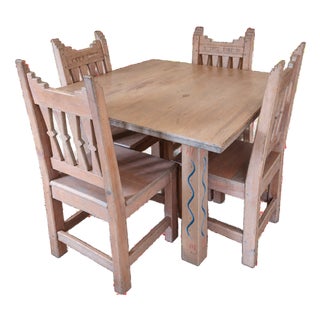 Late 20th Century Ernest Thompson Southwest Dining Table & 4 Chairs – Hand-Painted Solid Wood Set For Sale