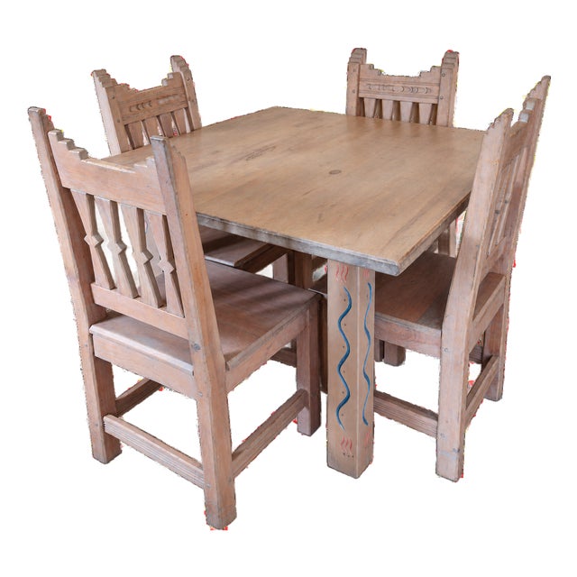 Late 20th Century Ernest Thompson Southwest Dining Table & 4 Chairs – Hand-Painted Solid Wood Set For Sale