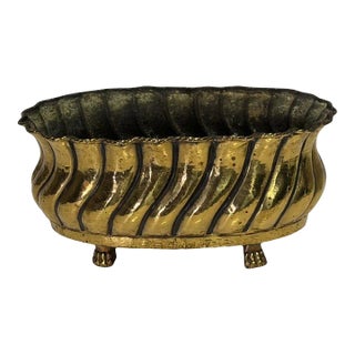 Vintage Hand Hammered Oval Brass Planter on Lions Paw Feet For Sale