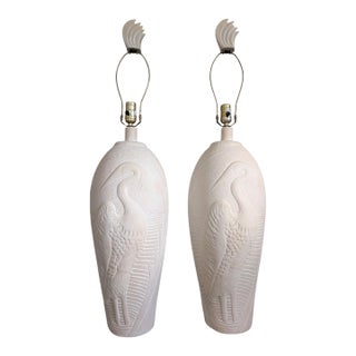 Vintage Pair of 2 Dayle Rushall Sculptural Heron Egret Table Lamps With Original Feather Finials - Pair For Sale