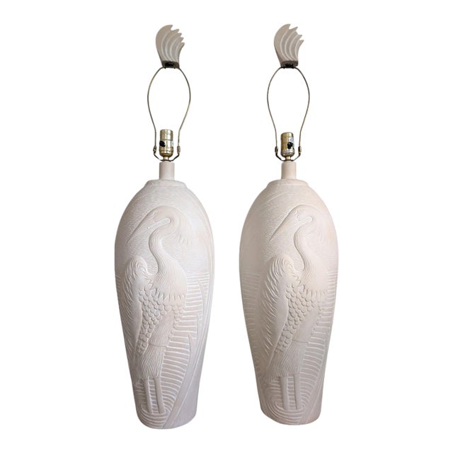 Vintage Pair of 2 Dayle Rushall Sculptural Heron Egret Table Lamps With Original Feather Finials - Pair For Sale