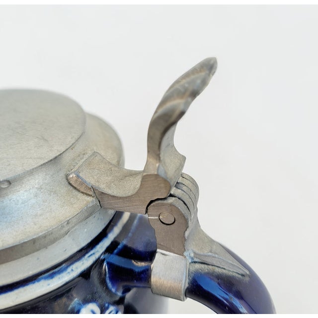 Mid-Century German Cobalt Blue Relief Stein with Pewter Lid, 1940s-1950s For Sale - Image 4 of 12