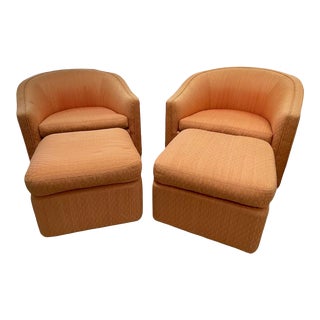 Pair Directional Barrel Back Swivel Chairs With Ottomans For Sale