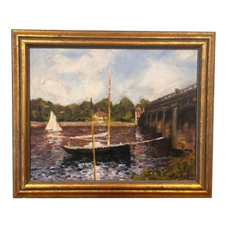 1970s Charming Oil Painting: Maritime Harbor Scene With Sailboats, on Canvas and Framed - Signed For Sale