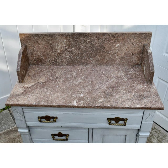 Antique Walnut Washstand Commode Pink Marble Top Gray Cottage Distressed 1880s For Sale - Image 11 of 12