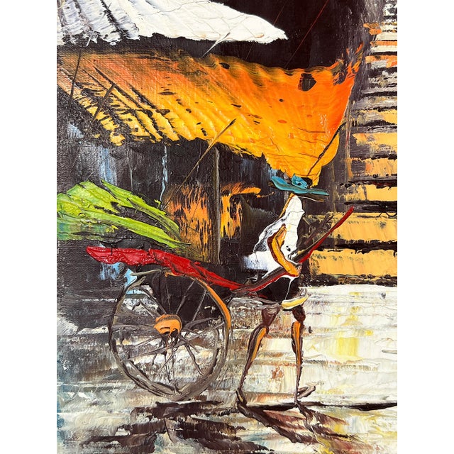 "Ladder Street Hong Kong" Mid Century Impasto Painting by W. Lam, Faux Bamboo Frame For Sale In Tampa - Image 6 of 7