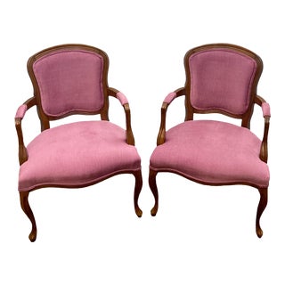 Vintage Thomasville French Louis XV Style Velvet Upholstered Walnut Bergere Chairs - Pair For Sale