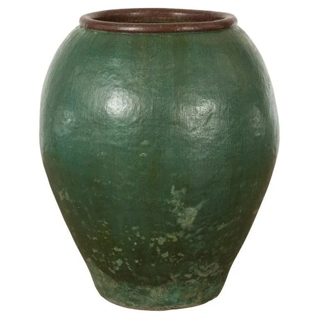 Large Thai 1950s Green Glazed Ceramic Planter with Brown Lip & Tapering Body For Sale - Image 13 of 13
