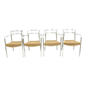 Modern Sculptural Aluminum Metal Rattan Silver Stacking Dining Chairs - Set of 4