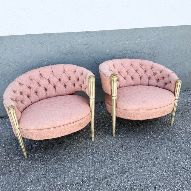 Mid 20th Century Vintage French-Style Tufted Pink Barrel Accent Chairs - A Pair For Sale - Image 5 of 11