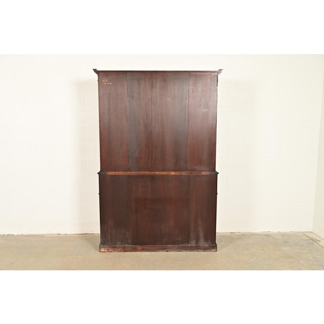 Baker Furniture Style Georgian Flame Mahogany Breakfront Bookcase Cabinet With Drop Front Secretary Desk For Sale - Image 15 of 16