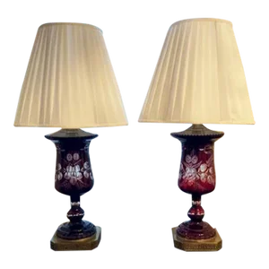 Pair Vintage Mid French Victorian Bohemian Ruby Red Cut to Clear Lamps