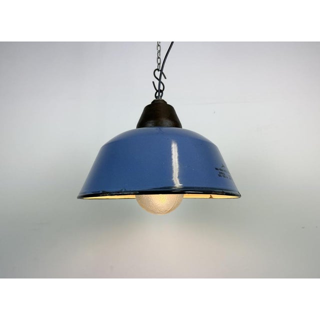 Industrial Blue Enamel and Cast Iron Pendant Light with Glass Cover, 1960s For Sale - Image 12 of 18