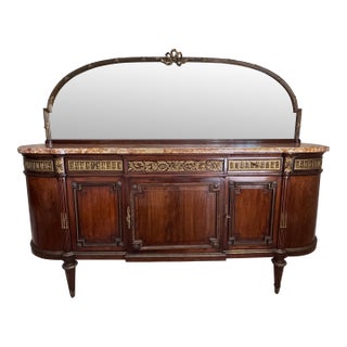 French Louis XVI Mahogany Sideboard / Server / Buffet / Credenza With Mirror, Marble Top and Bronze Details C. 1890-1900 For Sale