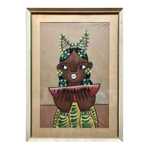 Vintage Jose Maria de Servin, Mexican Modernist Painting of Girl with Watermelon
