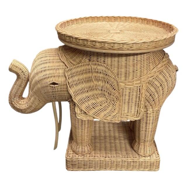 Vintage Natural Wicker and Rattan Elephant Accent Side Table With Tray Top For Sale