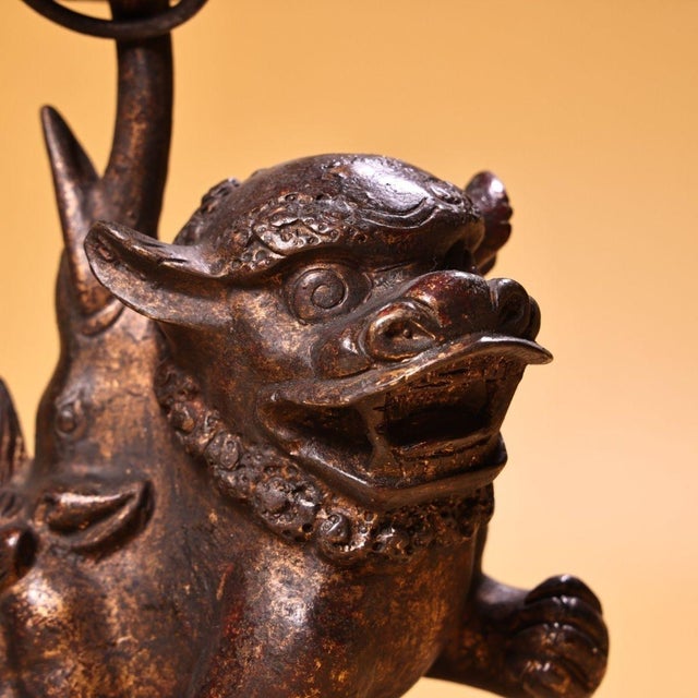 Chinese Pair of Antique Chinese Gilt Bronze Foo Dog Candle Holders With Ring Handles For Sale - Image 3 of 10