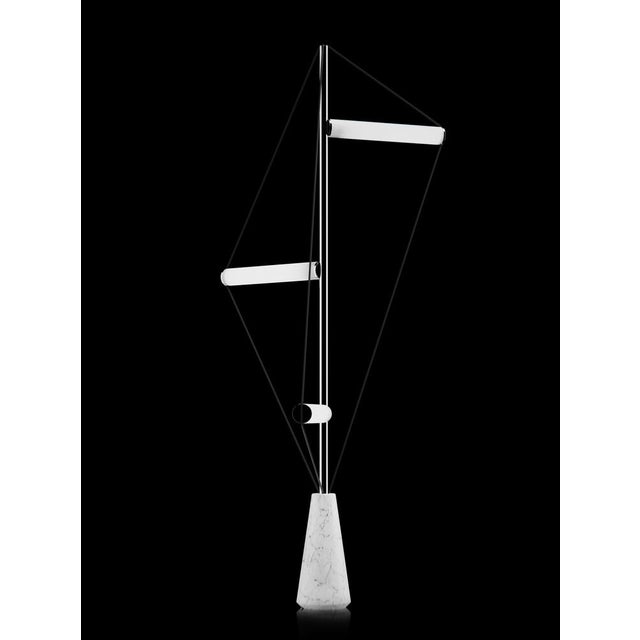 Floor lamp with Carrara white stone base, chrome structure and frosted light tubes. European Plug (up to 250V).